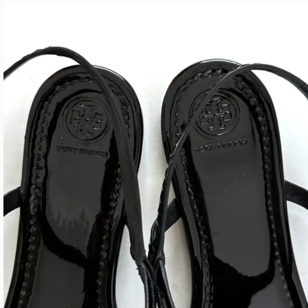 Tory Burch Black Patent Leather T-Strap Sandals with Gold Logo - Picture 7 of 11